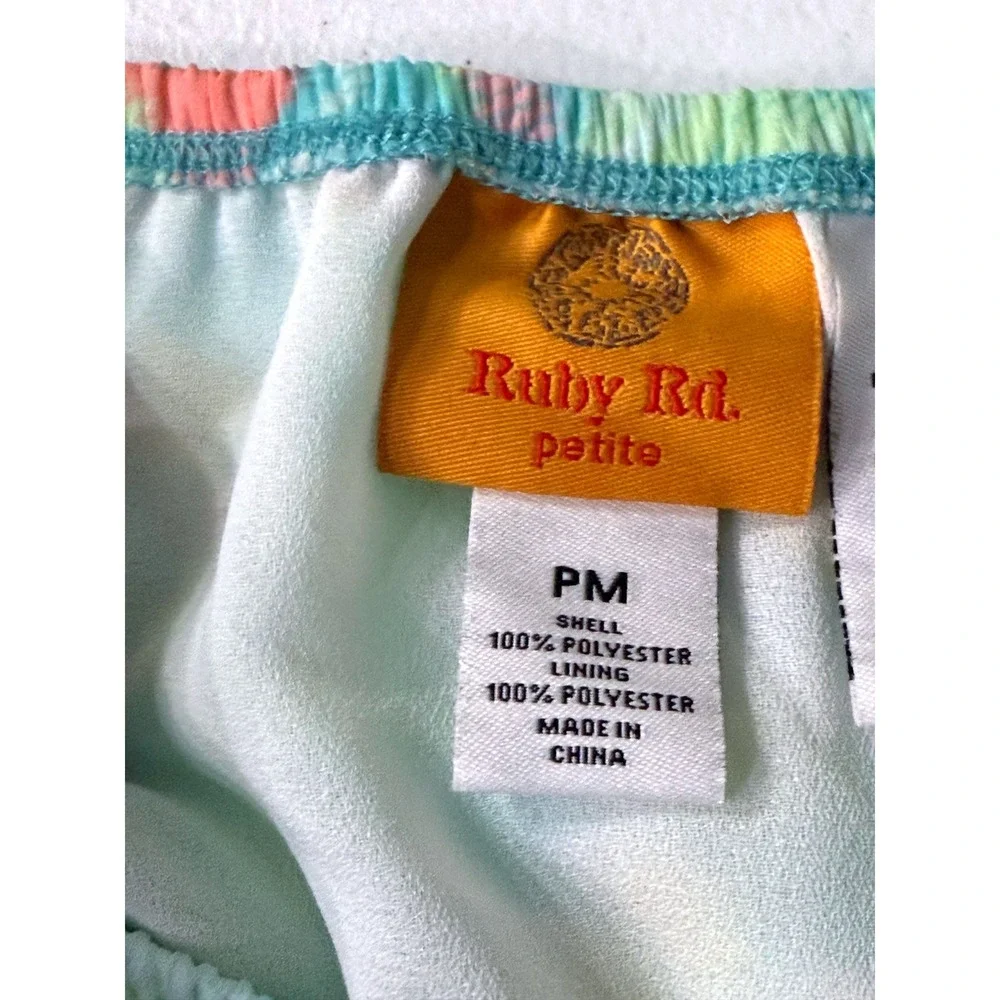 Ruby Rd Petite Turquoise Coral Abstract Ikat Print Midi Skirt PM Elastic Waist